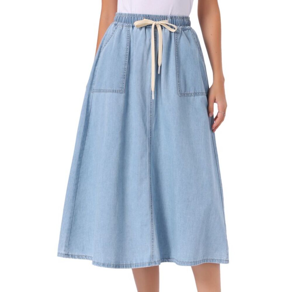 Women's Denim Skirt Elastic Waist A Line Long Jean Skirts Light Blue